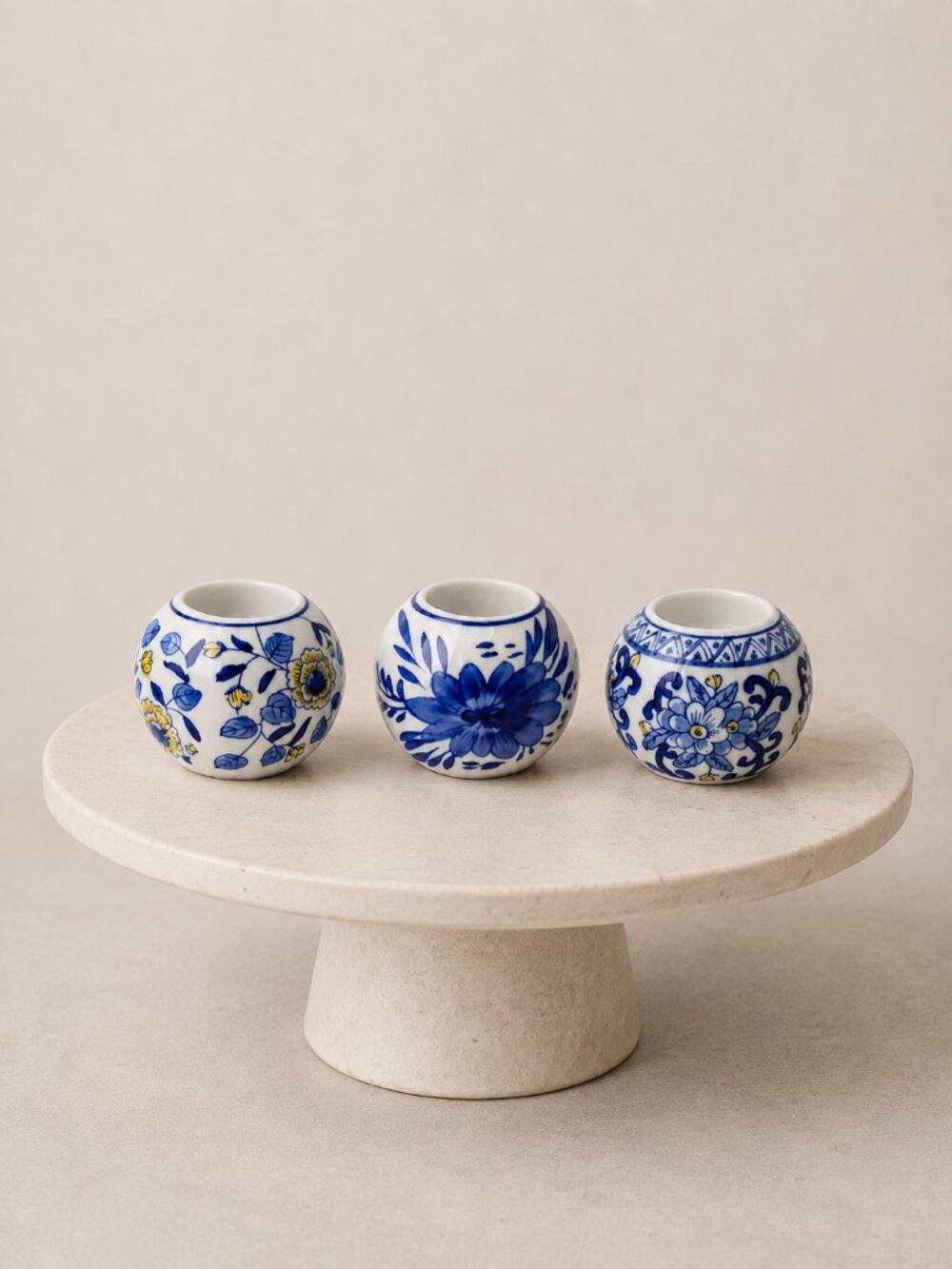 Set of 3 Blue & White Floral Ceramic Votive Candle Holders Tea Light Globes